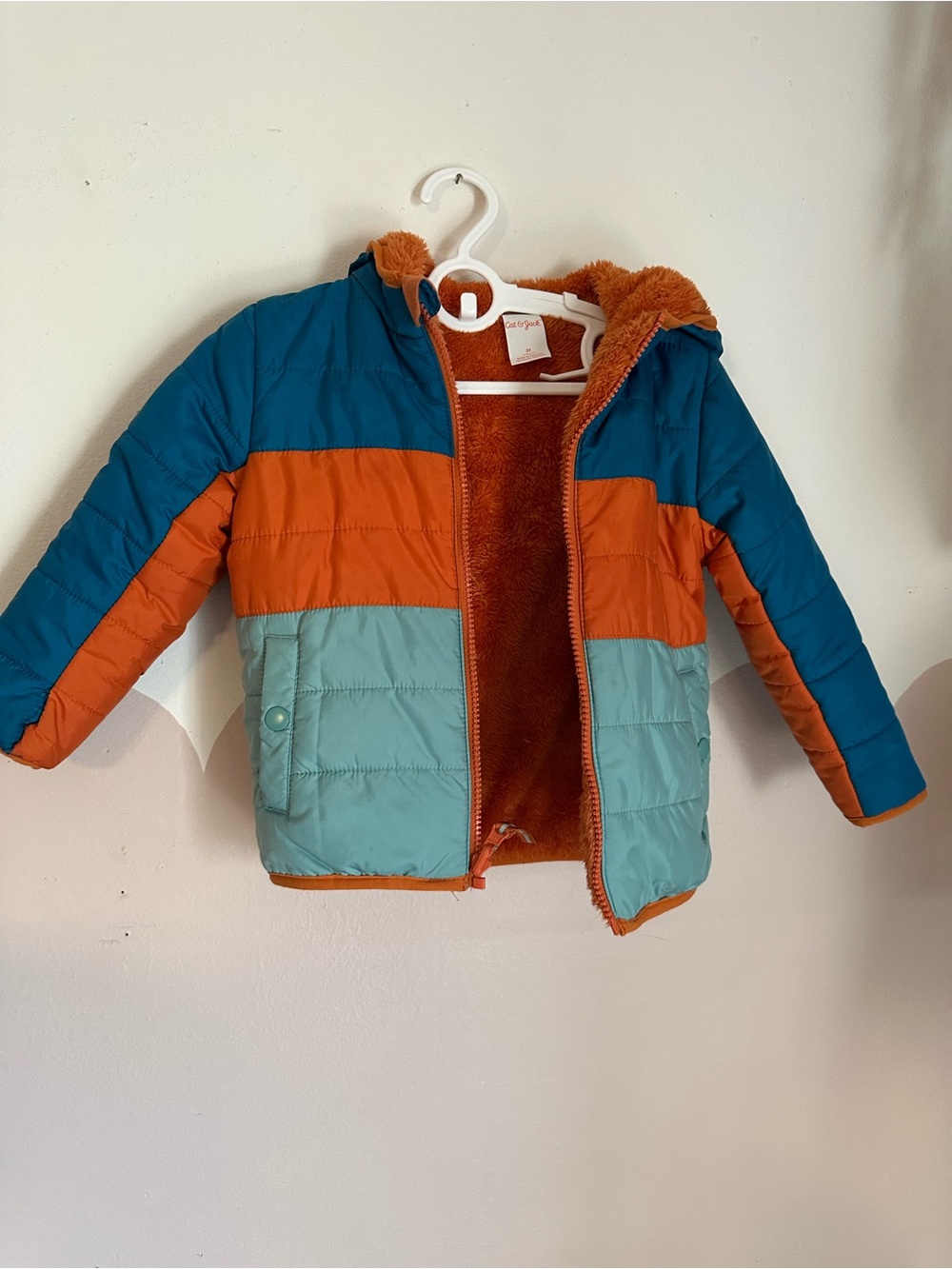 Cat & Jack Teal, Orange & Light Blue Colorblock Hooded Puffer Jacket